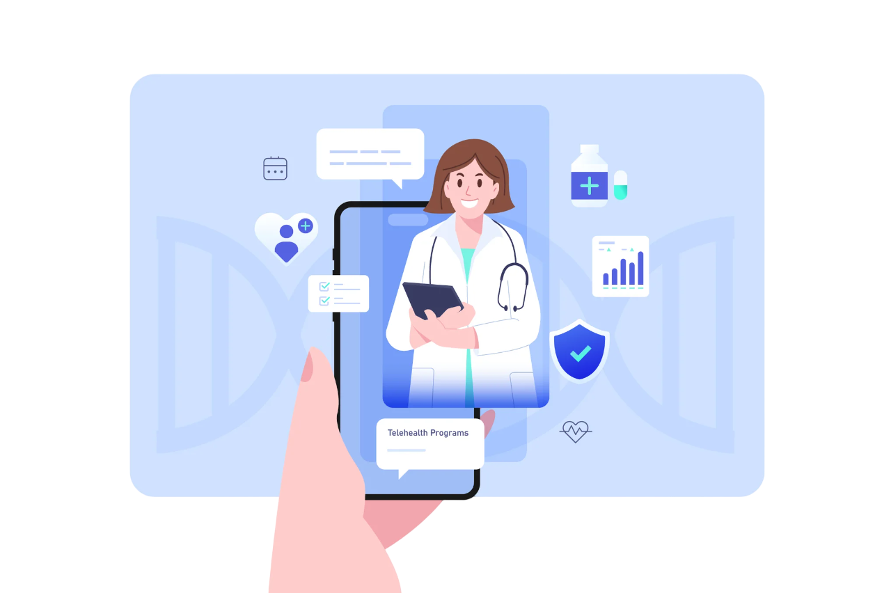 Illustration of a doctor consulting a patient via telehealth