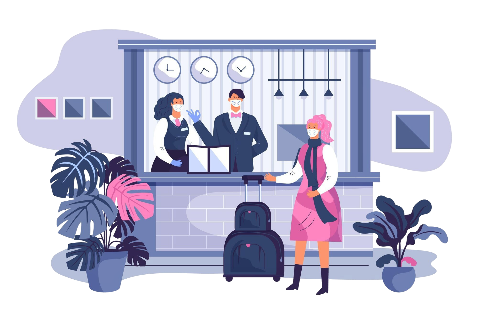 Pingbix hospitality AI solution illustration showing luxury hotel lobby and guest services