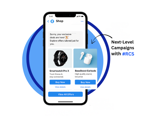 Illustration of RCS messages with interactive buttons for quick actions