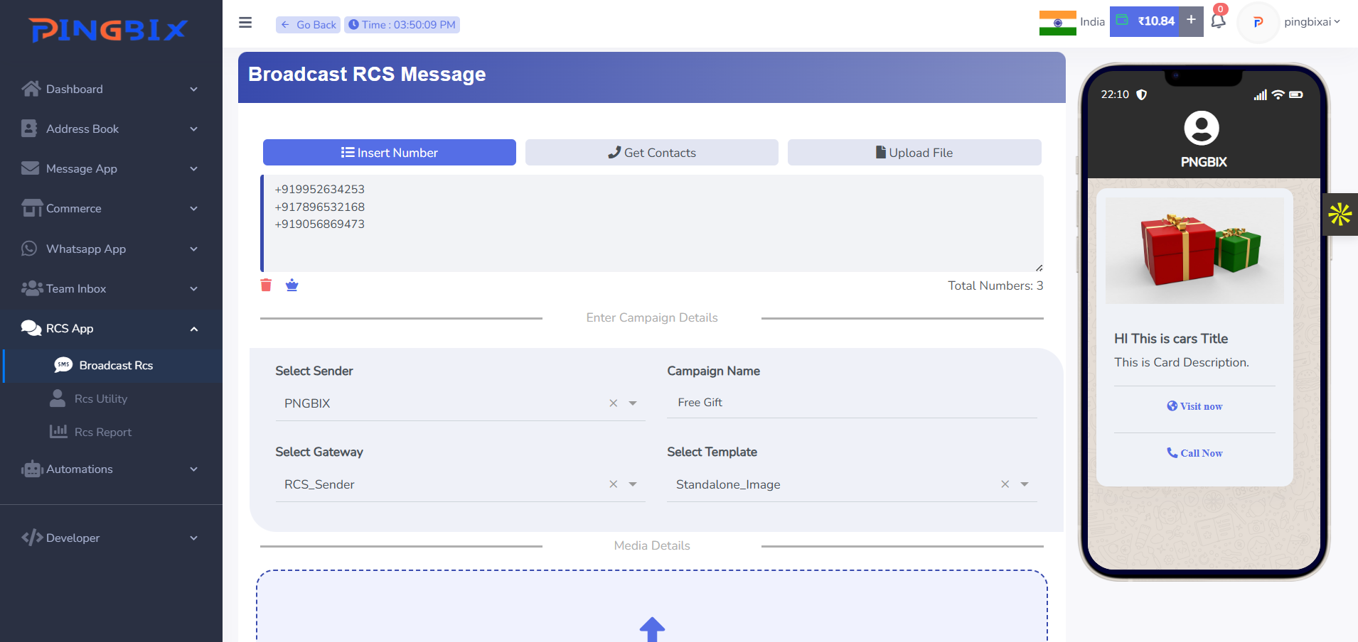 Pingbix RCS dashboard interface showing campaign broadcasting features