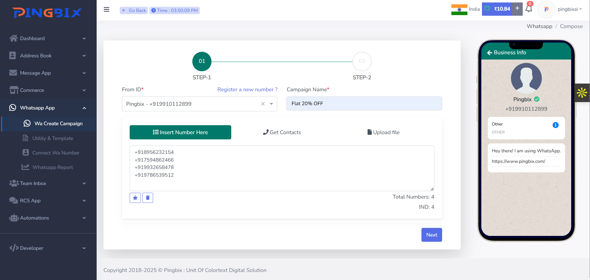 Screenshot of Pingbix WhatsApp Business API dashboard showing real-time analytics and message metrics