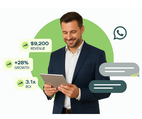 Graphic showing an automated AI chatbot providing customer support and resolving queries on WhatsApp